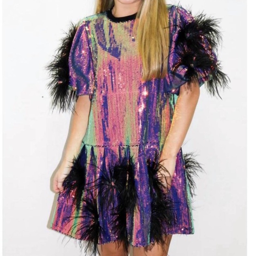QUEEN OF SPARKLES Black and Pink Puff Sleeve Mini Dress